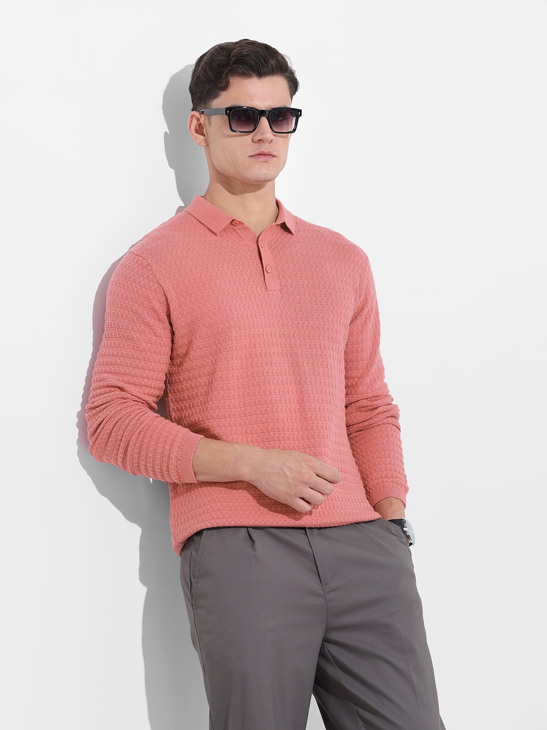 Men's Pink Slim Fit Textured Flat Knit Polo Collar T-Shirt