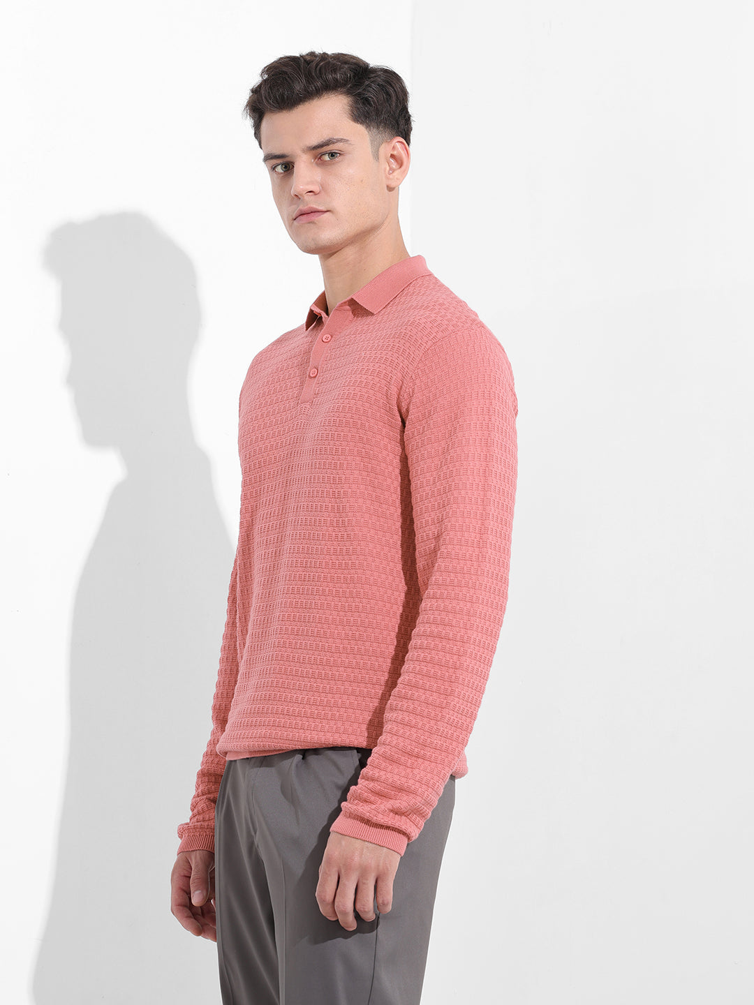 Men's Pink Slim Fit Textured Flat Knit Polo Collar T-Shirt
