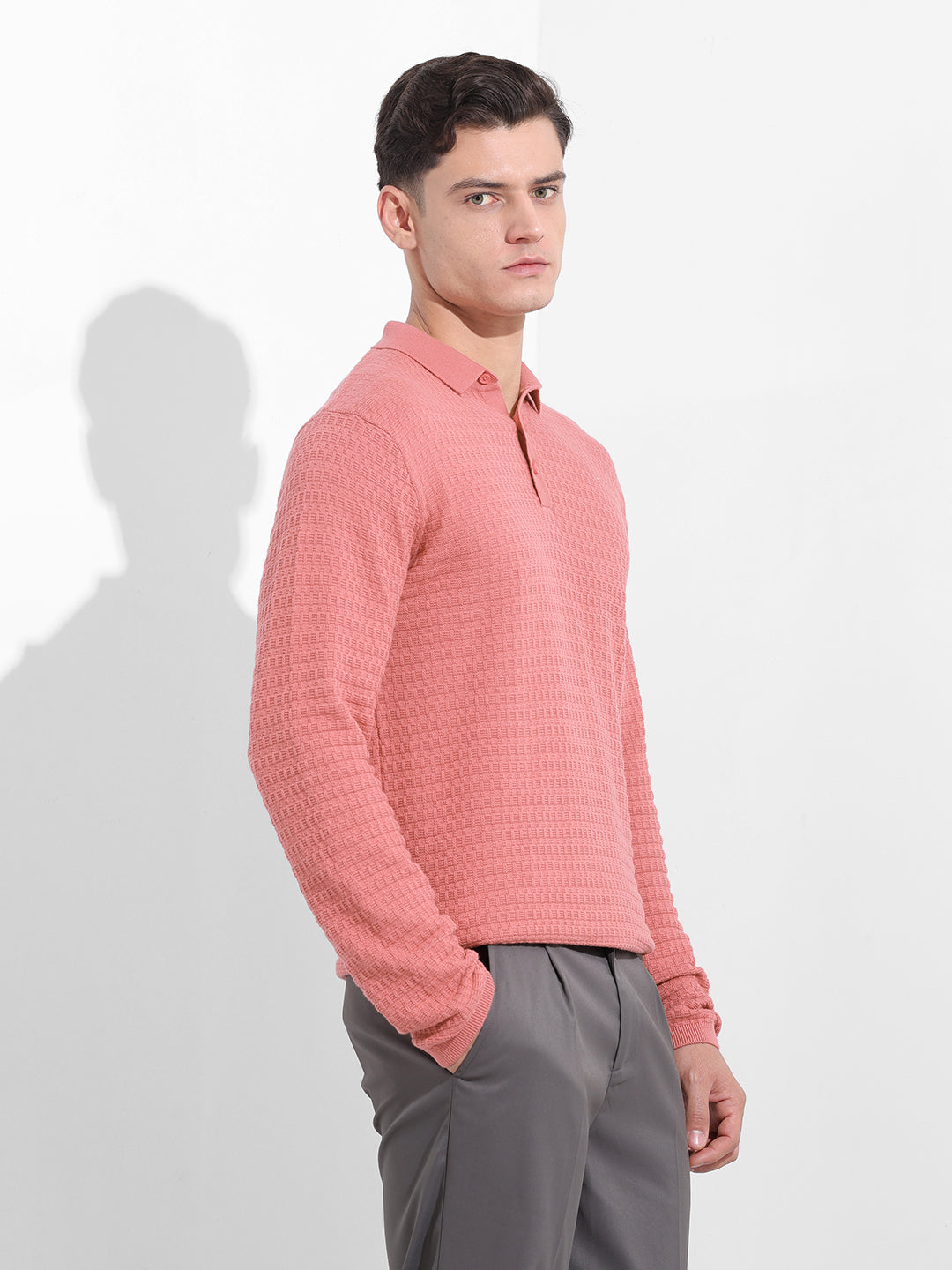Men's Pink Slim Fit Textured Flat Knit Polo Collar T-Shirt