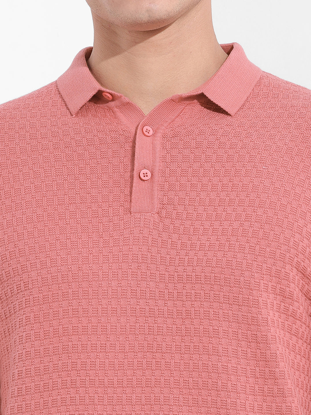 Men's Pink Slim Fit Textured Flat Knit Polo Collar T-Shirt
