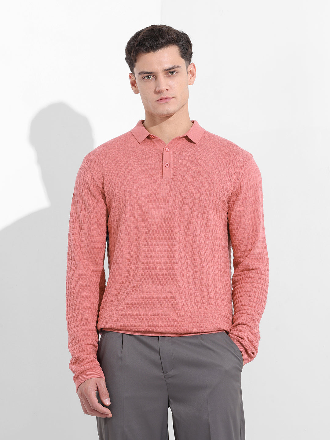 Men's Pink Slim Fit Textured Flat Knit Polo Collar T-Shirt