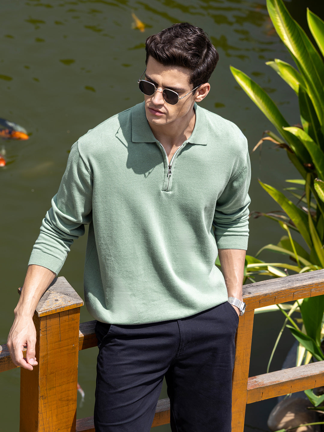 Men's Green Oversized Fit Textured Flat Knit Polo Collar T-Shirt
