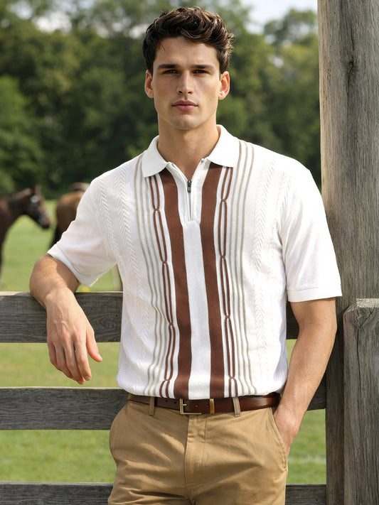 Men's White Slim Fit Textured Flat Knit Polo Collar T-Shirt