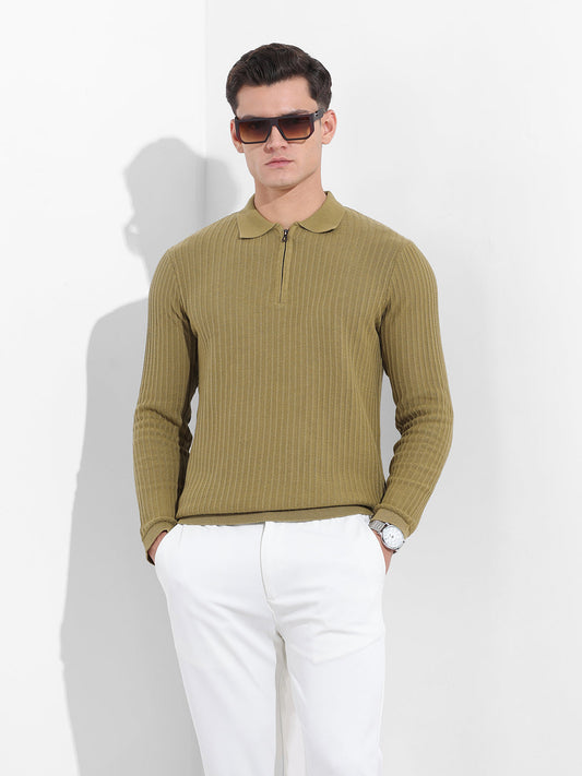 Men's Green Slim Fit Textured Flat Knit Polo Collar T-Shirt