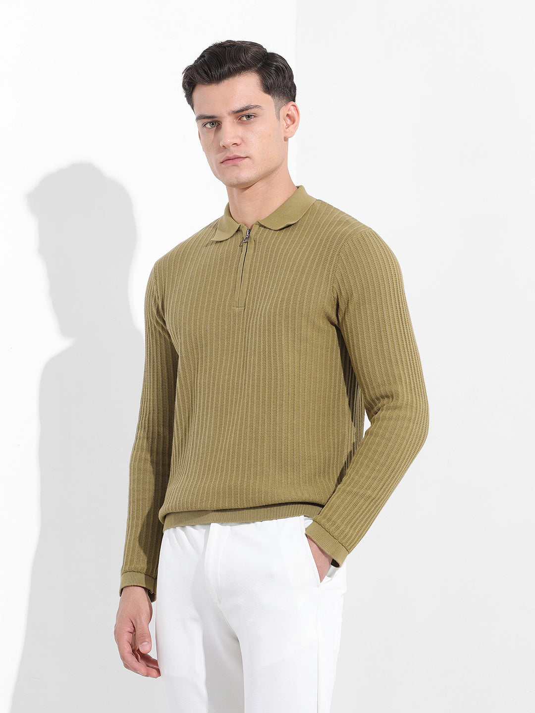 Men's Green Slim Fit Textured Flat Knit Polo Collar T-Shirt