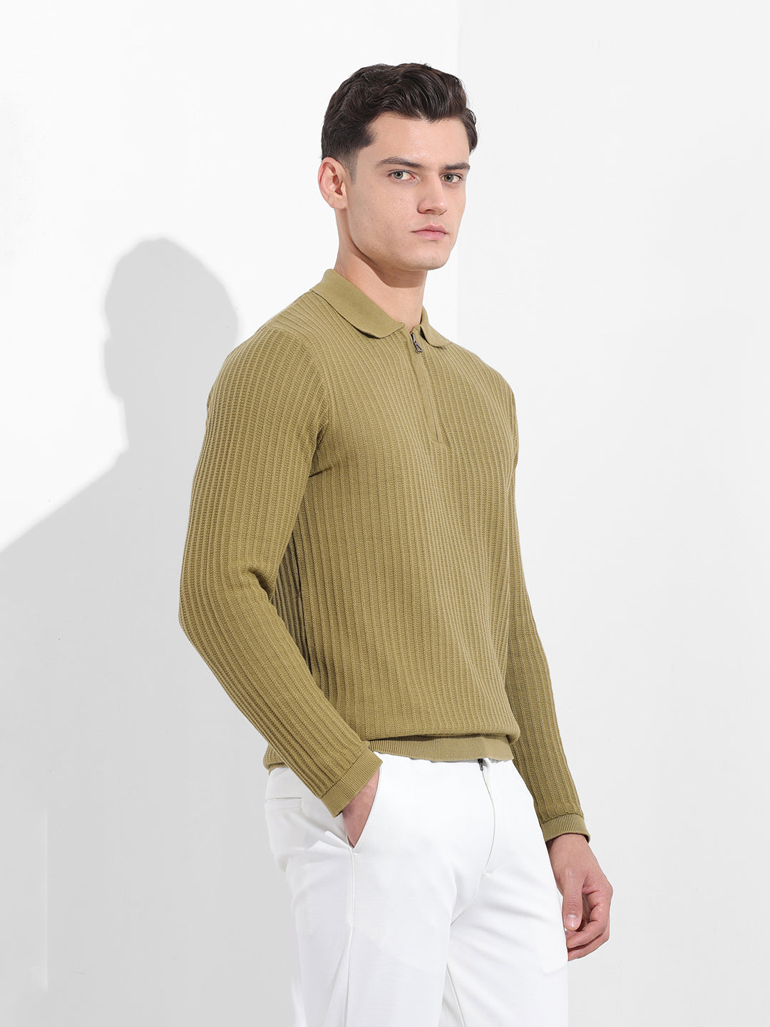 Men's Green Slim Fit Textured Flat Knit Polo Collar T-Shirt