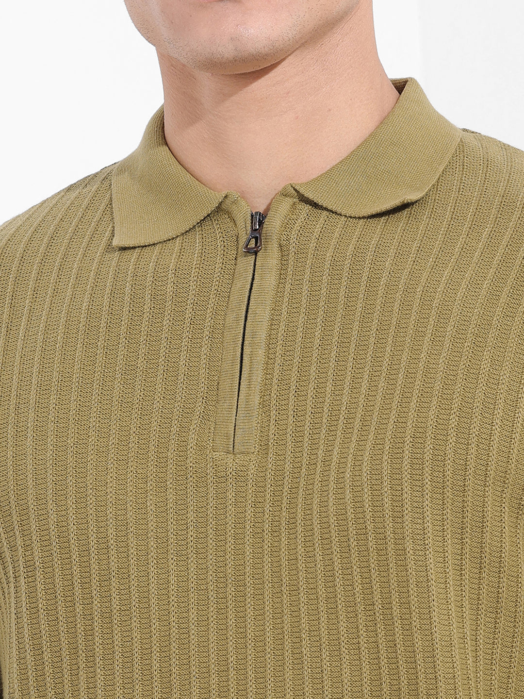 Men's Green Slim Fit Textured Flat Knit Polo Collar T-Shirt