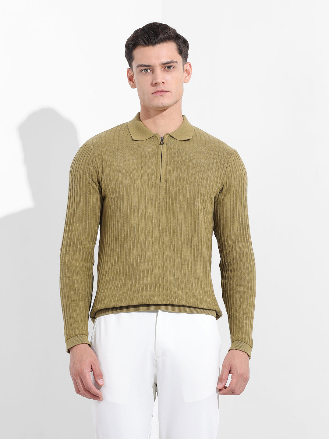 Men's Green Slim Fit Textured Flat Knit Polo Collar T-Shirt