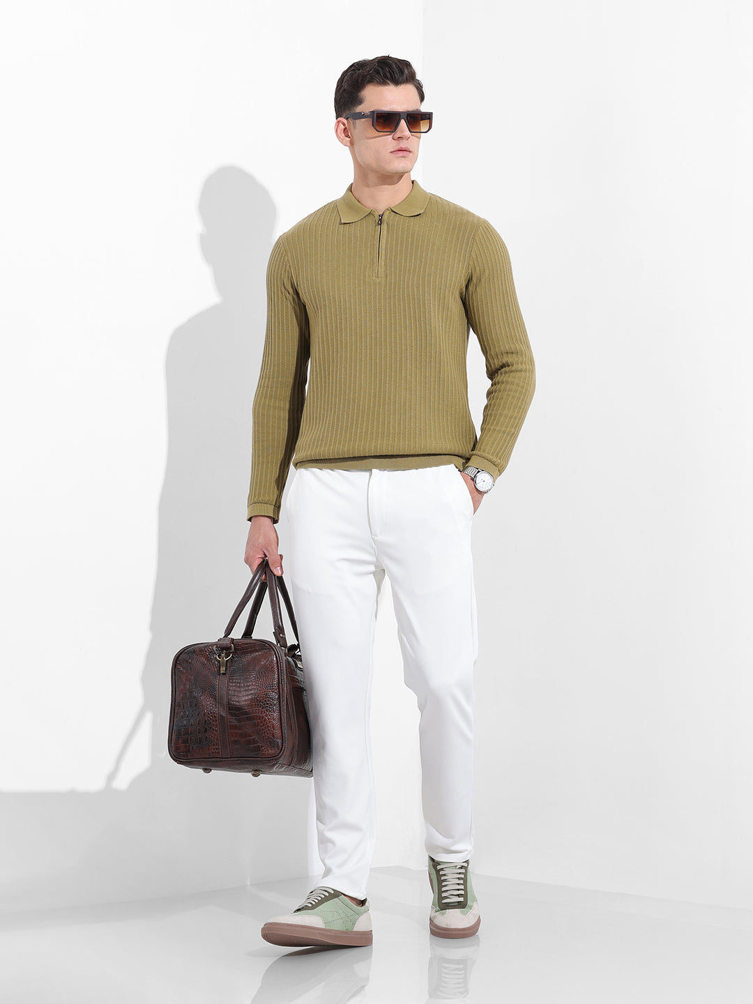 Men's Green Slim Fit Textured Flat Knit Polo Collar T-Shirt