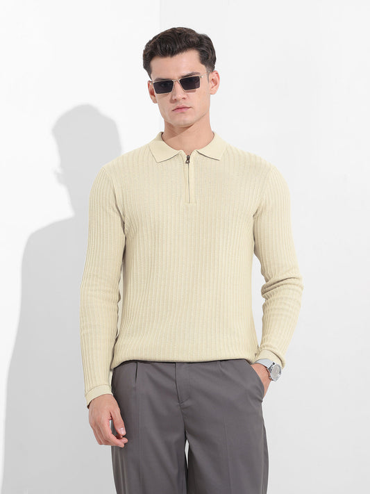 Men's Cream Slim Fit Textured Flat Knit Polo Collar T-Shirt