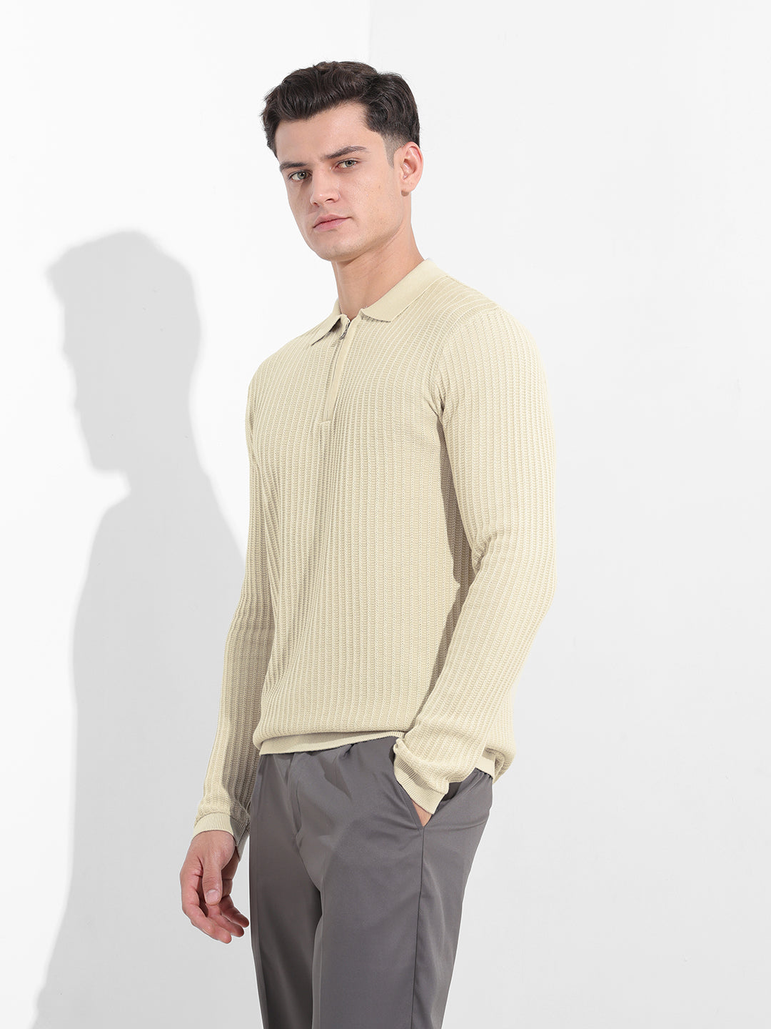 Men's Cream Slim Fit Textured Flat Knit Polo Collar T-Shirt