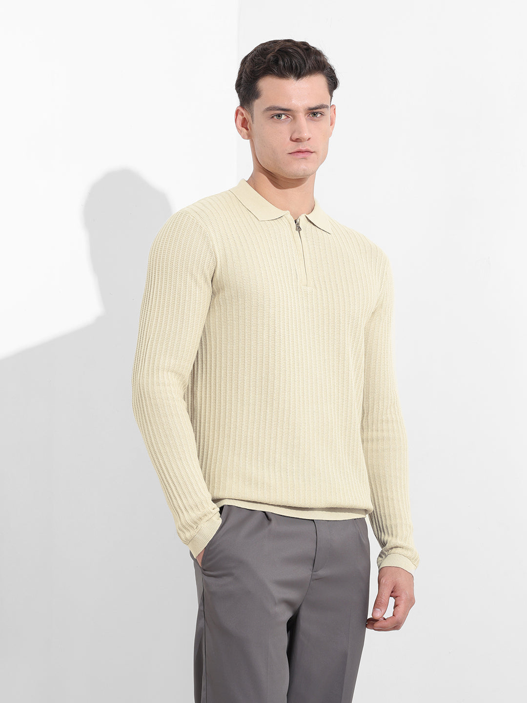 Men's Cream Slim Fit Textured Flat Knit Polo Collar T-Shirt