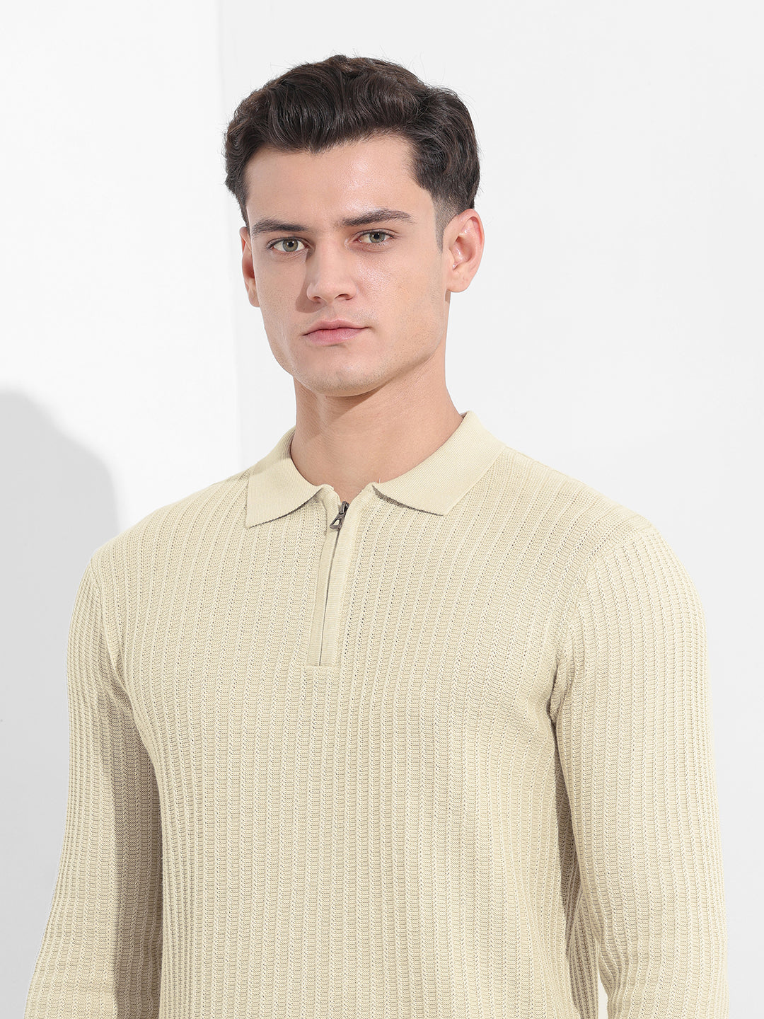 Men's Cream Slim Fit Textured Flat Knit Polo Collar T-Shirt