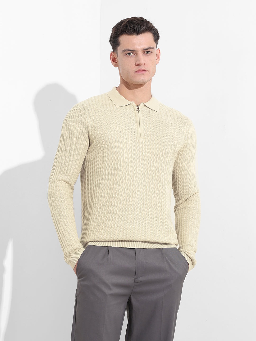 Men's Cream Slim Fit Textured Flat Knit Polo Collar T-Shirt