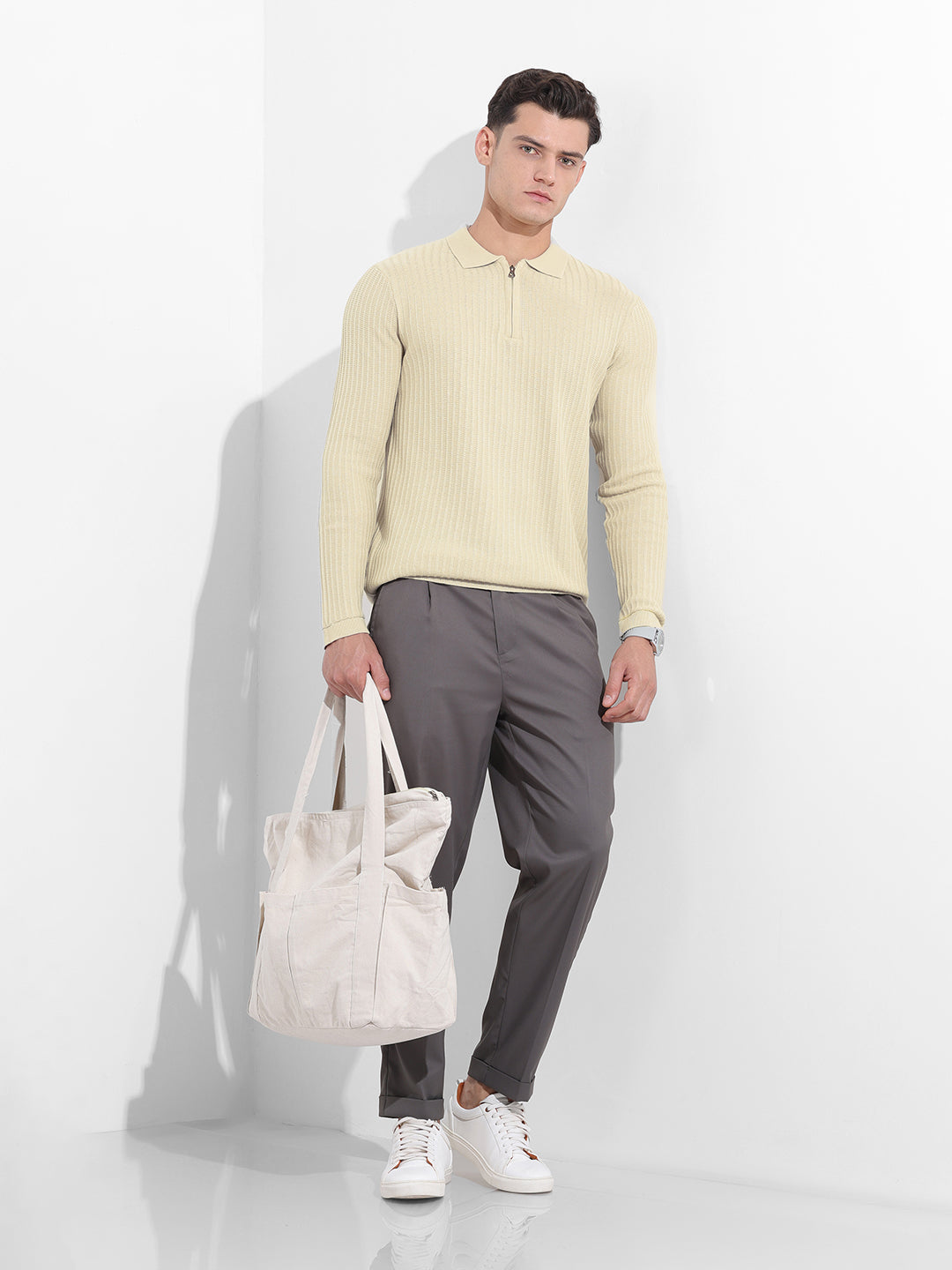 Men's Cream Slim Fit Textured Flat Knit Polo Collar T-Shirt