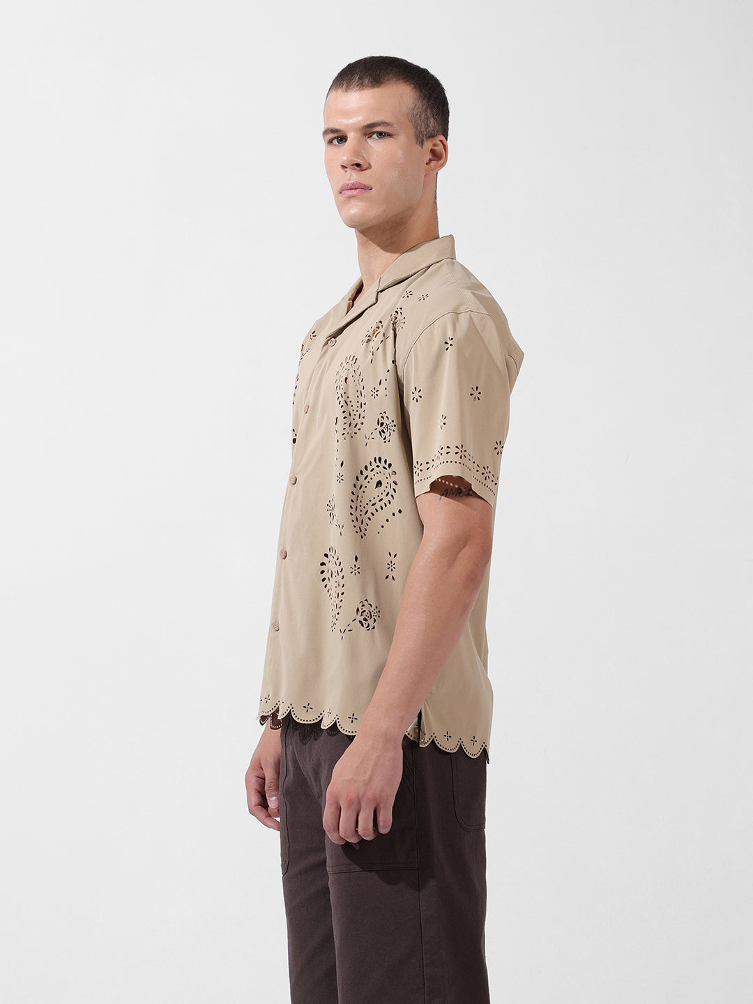 Men's Beige Relaxed Fit Solid  Resort Wear Shirt