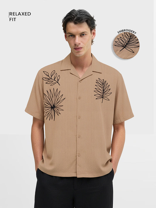 Men's Beige Relaxed Fit Embroided Resort Wear Shirt