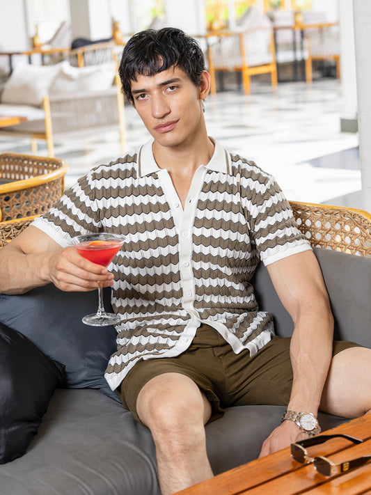 Men's Beige Slim Fit Textured Flat Knit Shirt