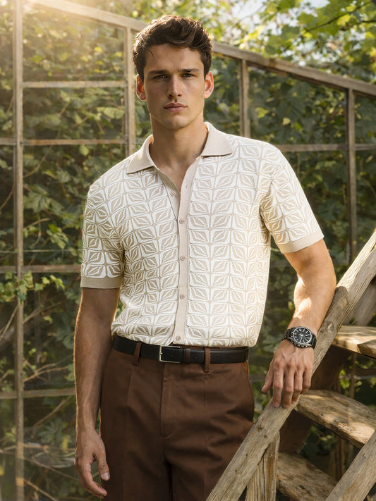 Men's Beige Slim Fit Textured Flat Knit Shirt