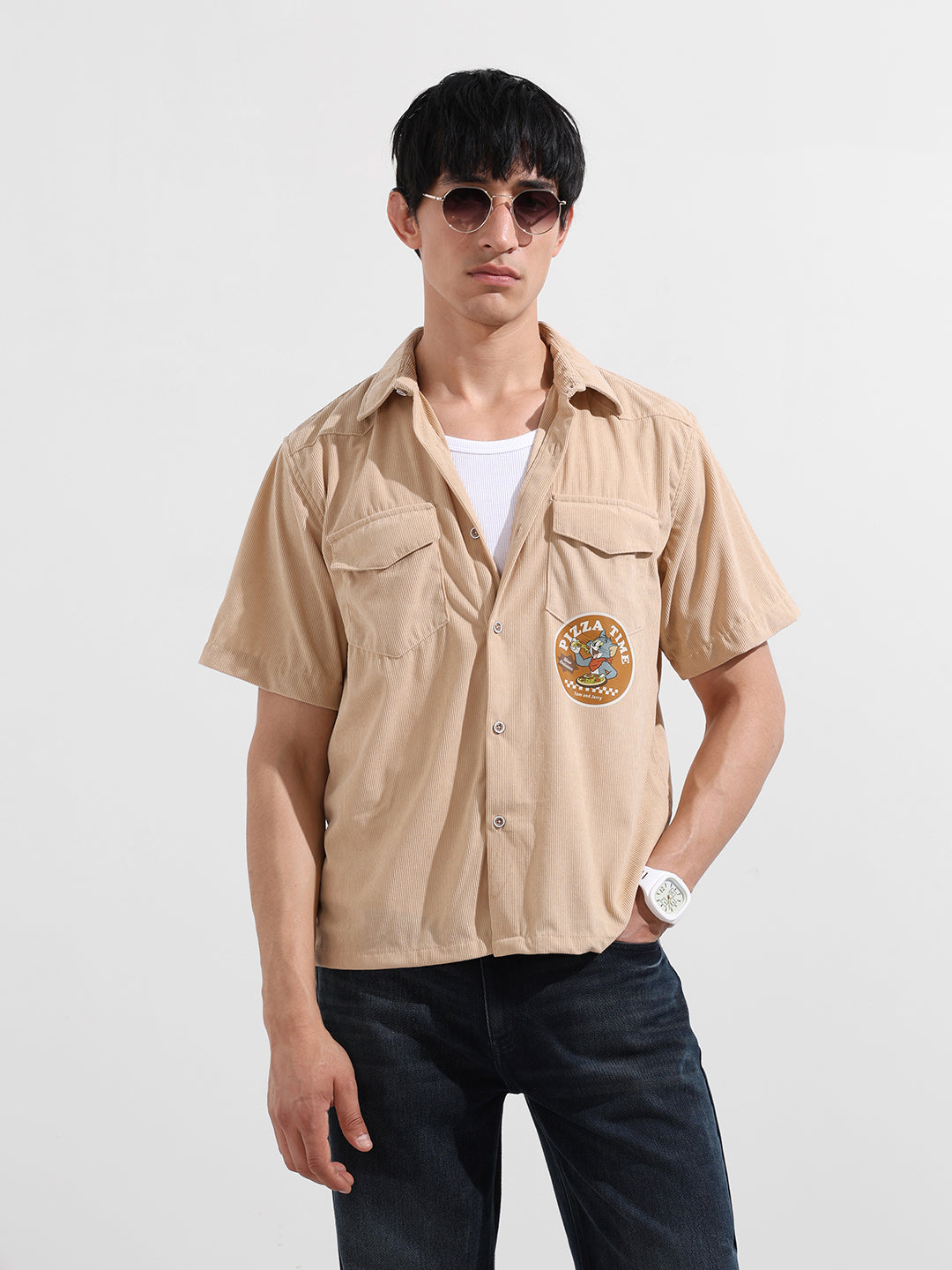Men's Beige Boxy Fit Solid Character Shirt