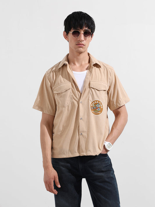 Men's Beige Boxy Fit Solid Character Shirt