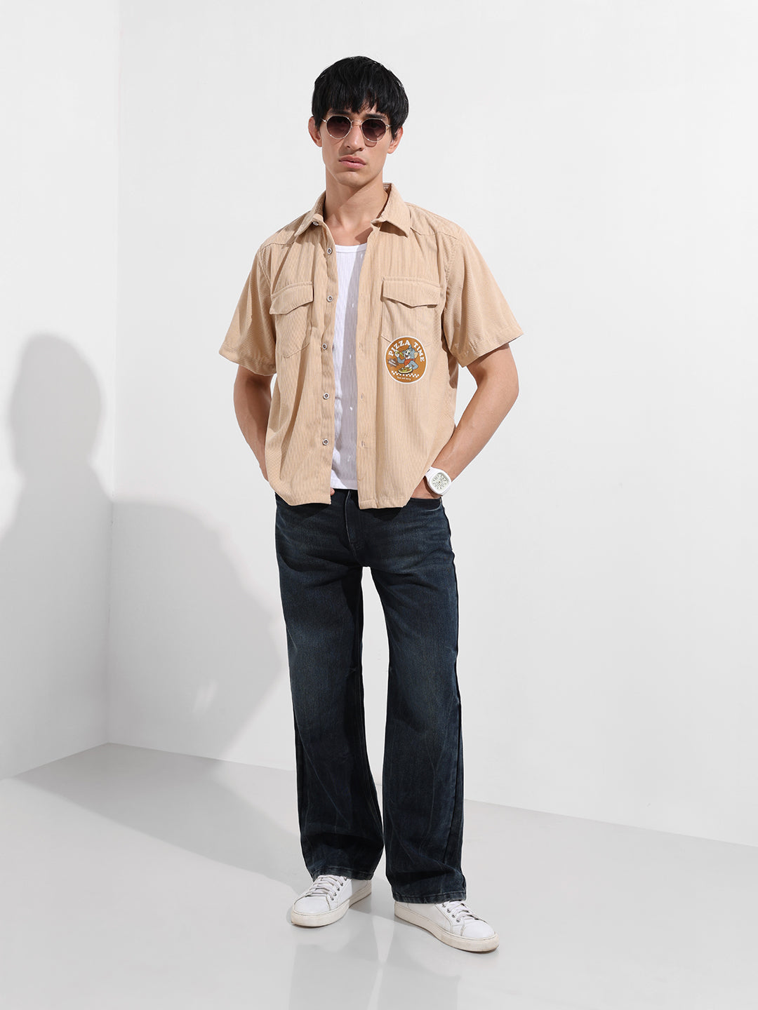 Men's Beige Boxy Fit Solid Character Shirt