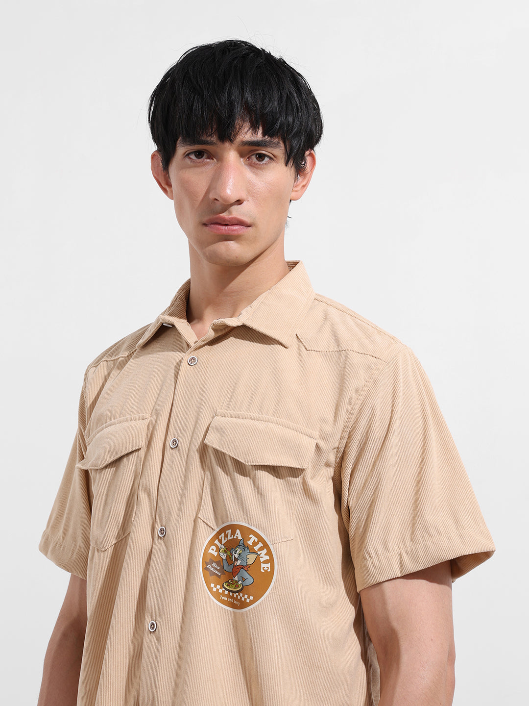 Men's Beige Boxy Fit Solid Character Shirt