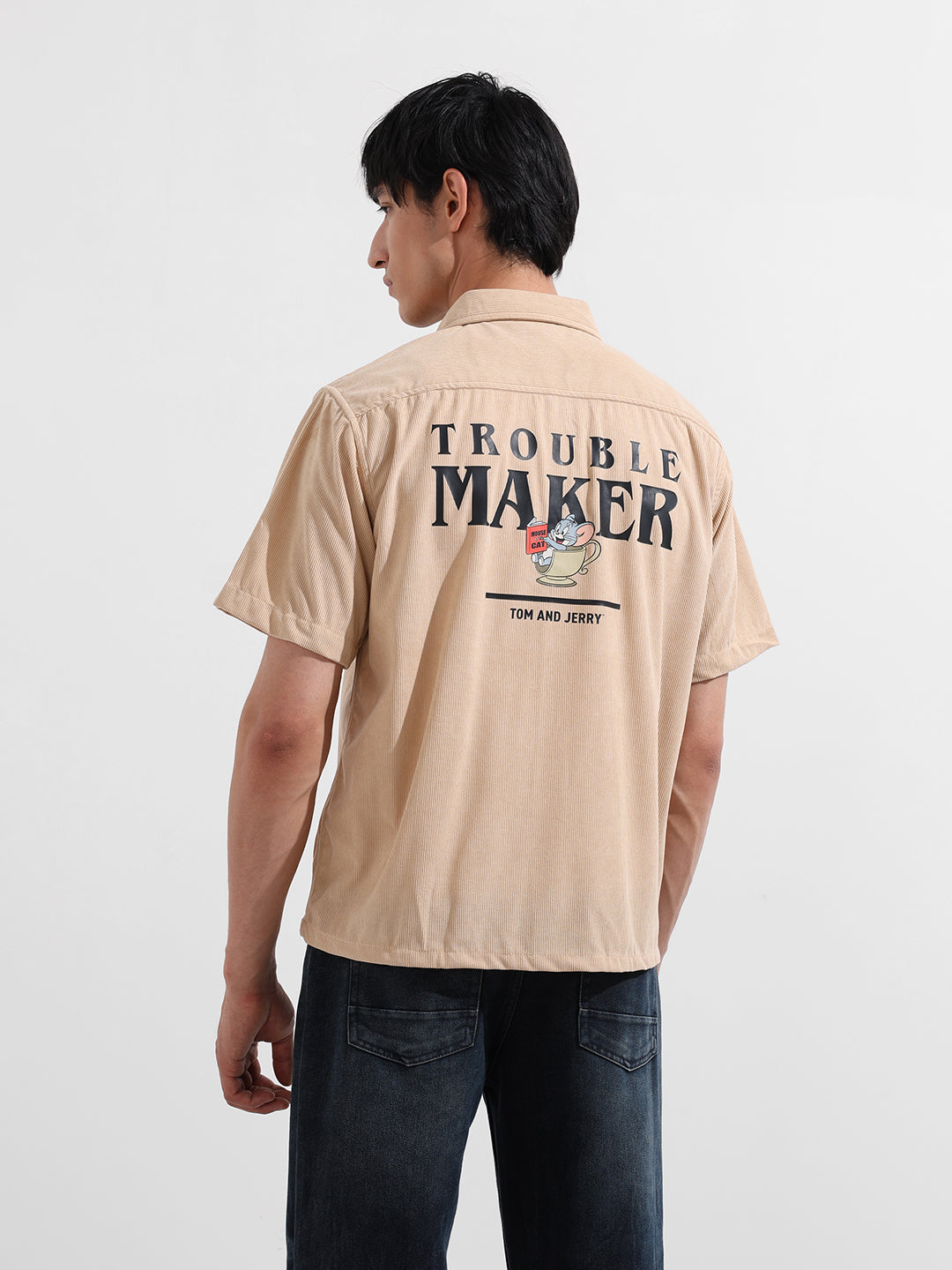 Men's Beige Boxy Fit Solid Character Shirt