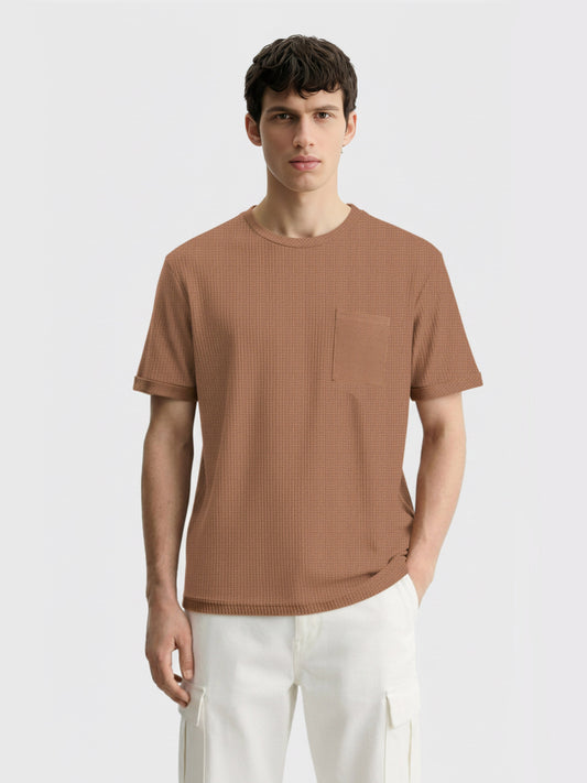 Men's Beige Boxy Fit Textured Casual T-Shirt