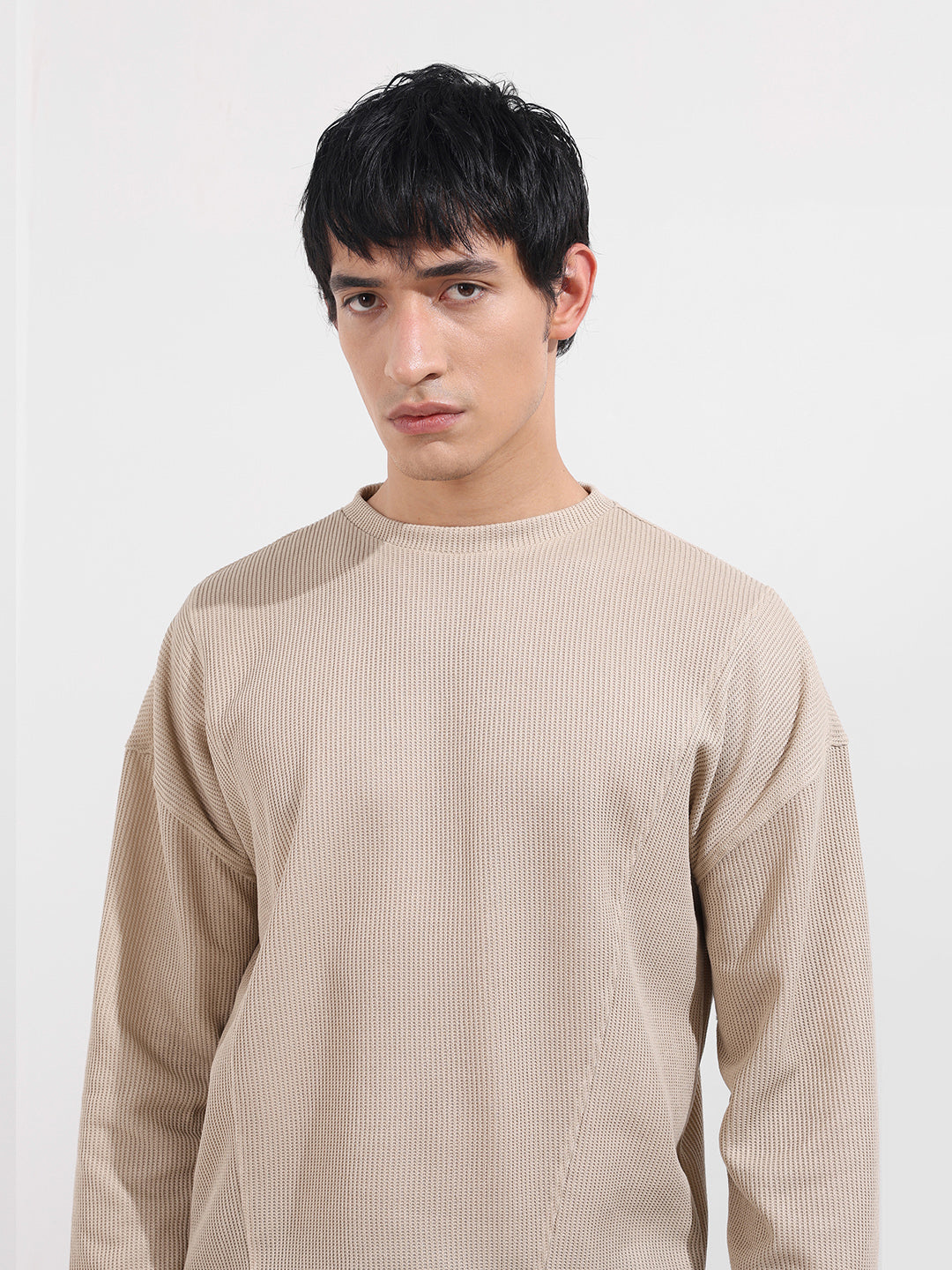 Men's Beige Boxy Fit Textured Casual T-Shirt
