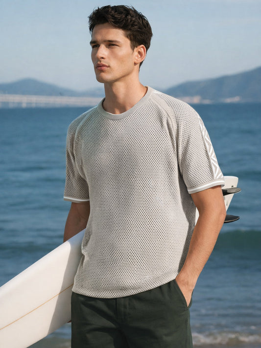 Men's Beige Oversized Fit Solid Flat Knit Crew Neck T-Shirt