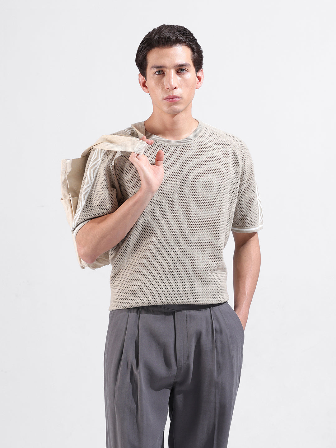 Men's Beige Oversized Fit Solid Flat Knit Crew Neck T-Shirt
