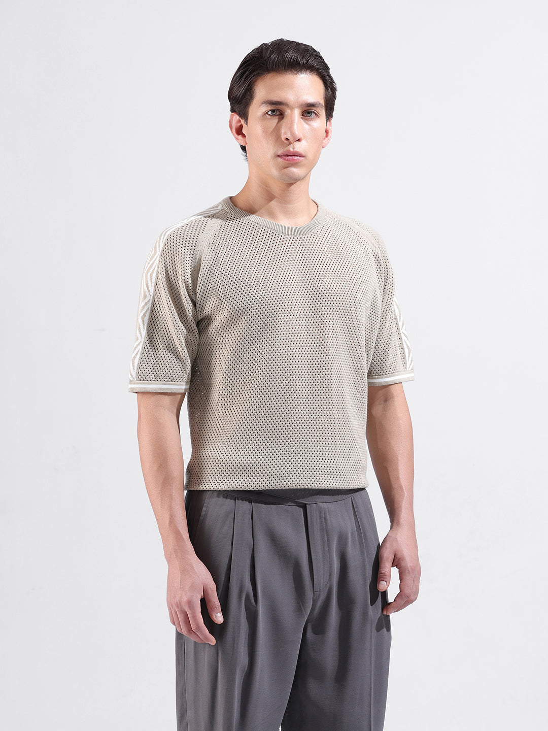 Men's Beige Oversized Fit Solid Flat Knit Crew Neck T-Shirt