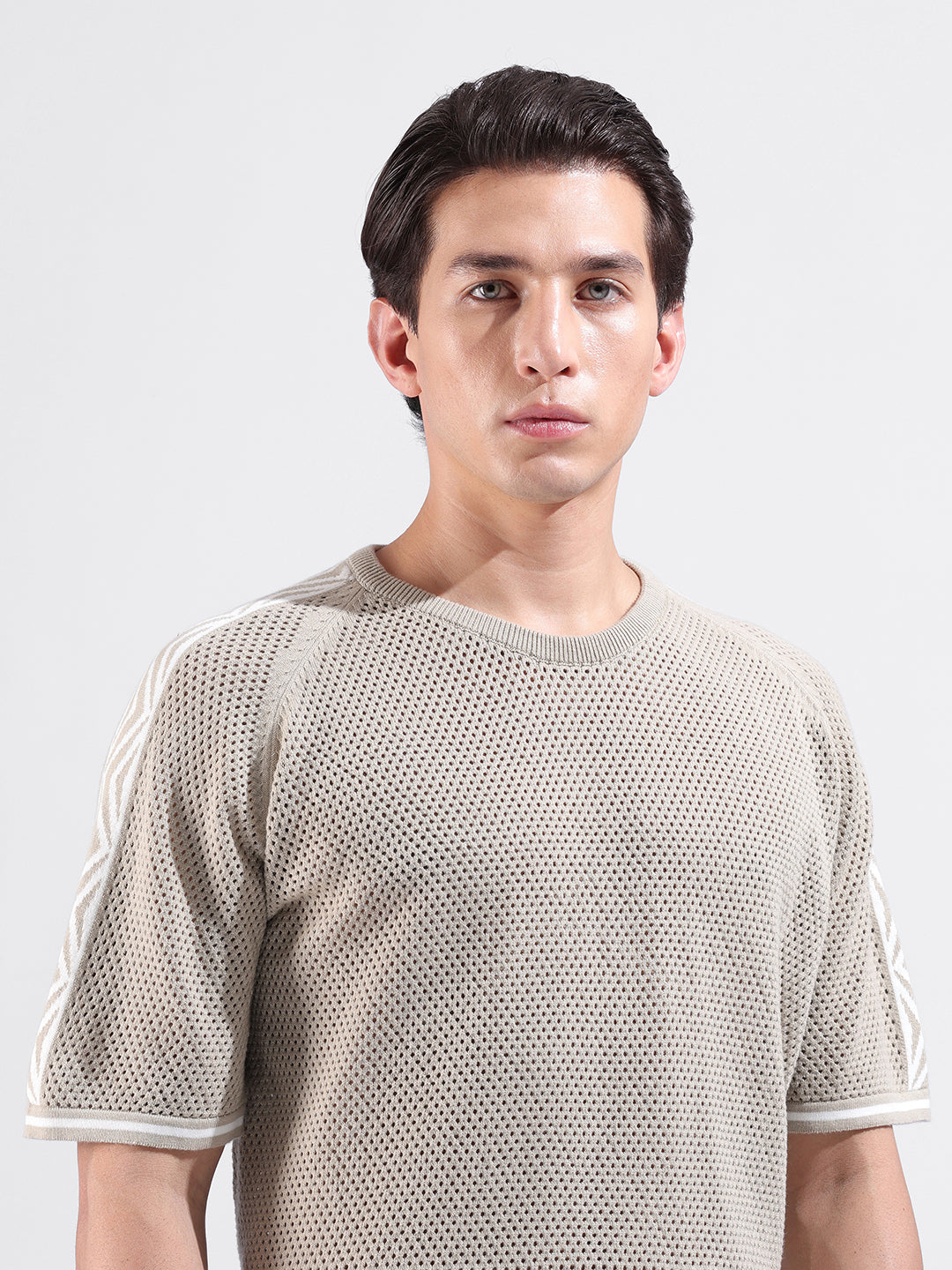 Men's Beige Oversized Fit Solid Flat Knit Crew Neck T-Shirt