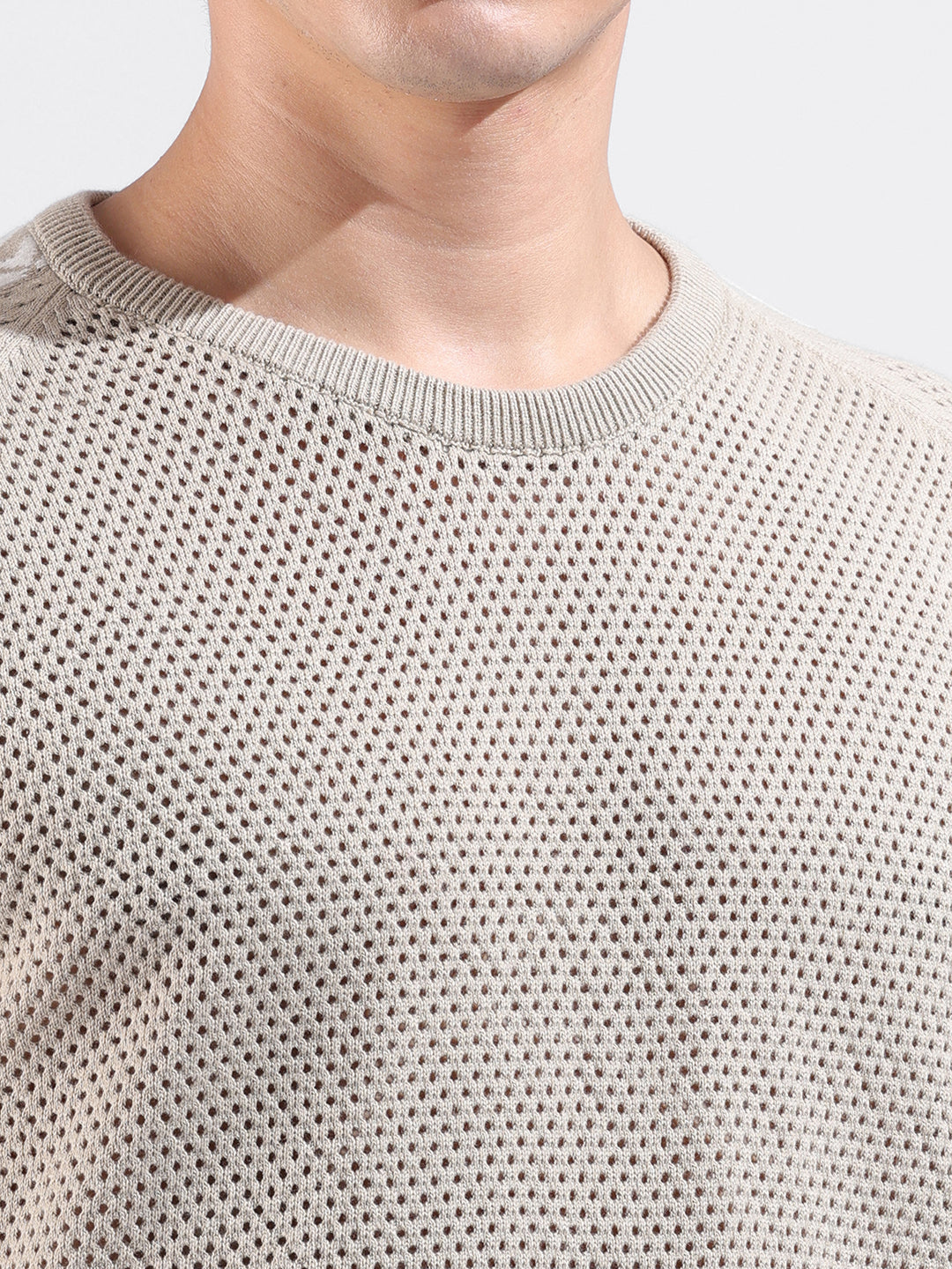 Men's Beige Oversized Fit Solid Flat Knit Crew Neck T-Shirt