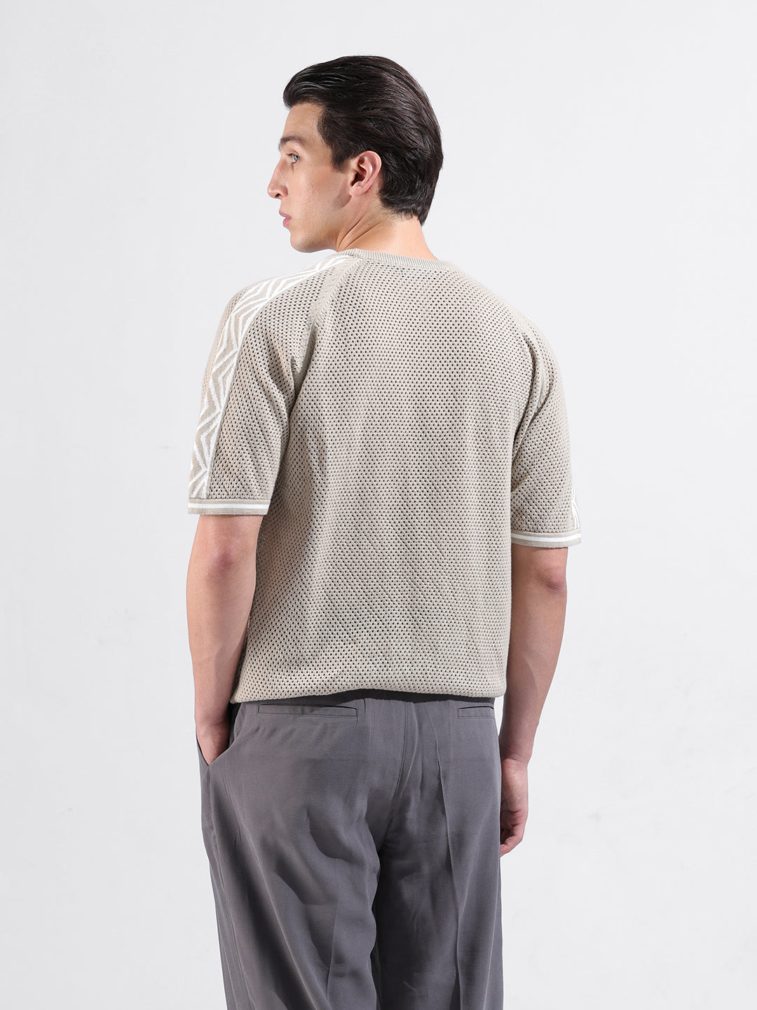 Men's Beige Oversized Fit Solid Flat Knit Crew Neck T-Shirt