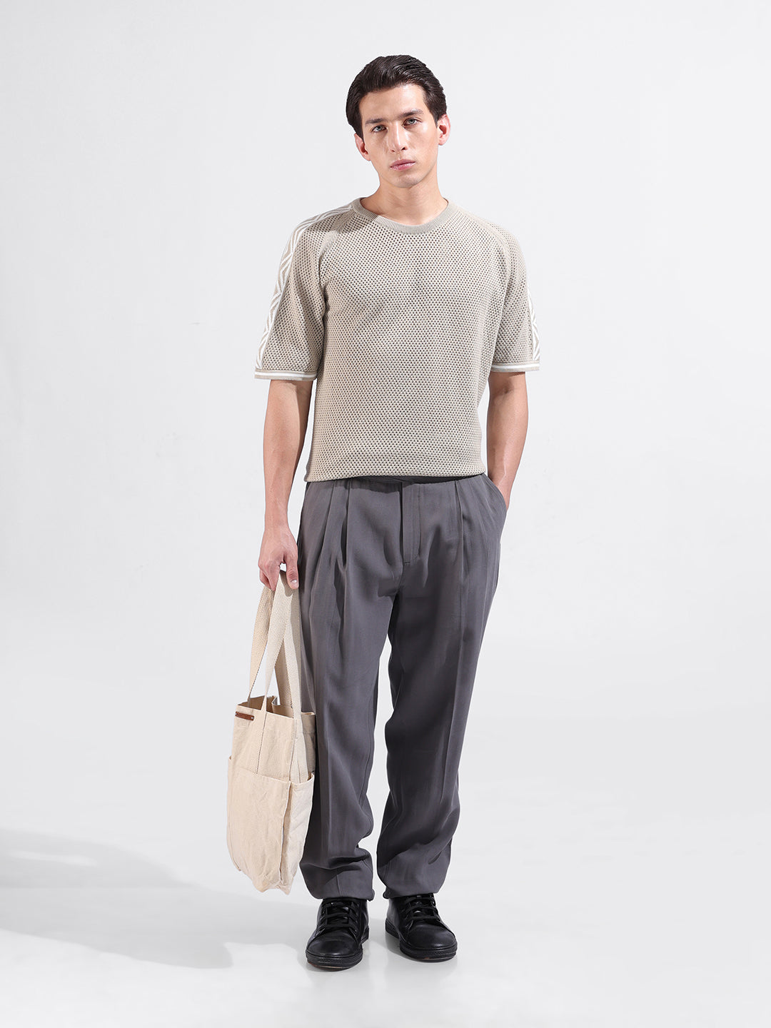 Men's Beige Oversized Fit Solid Flat Knit Crew Neck T-Shirt