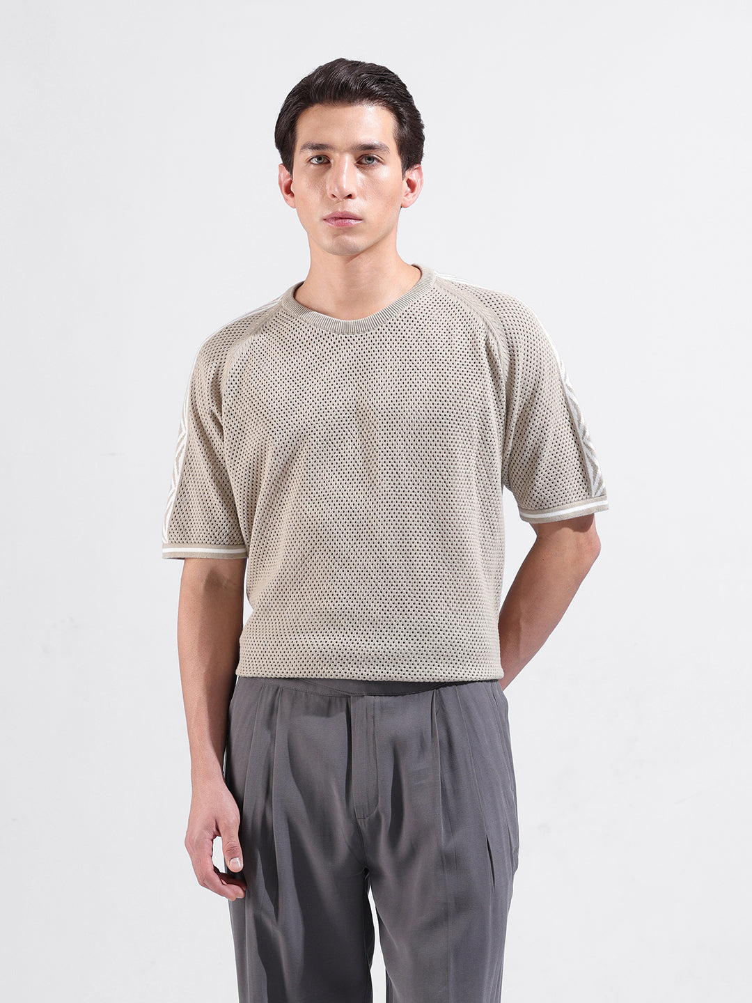 Men's Beige Oversized Fit Solid Flat Knit Crew Neck T-Shirt