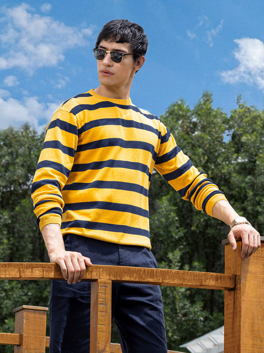Men's Yellow Oversized Fit Textured Flat Knit Crew Neck T-Shirt