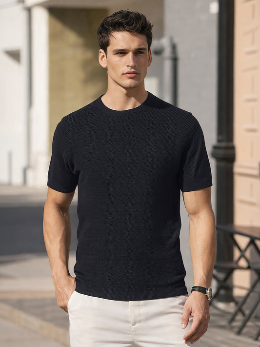 Men's Black Slim Fit Textured Flat Knit Polo Collar T-Shirt