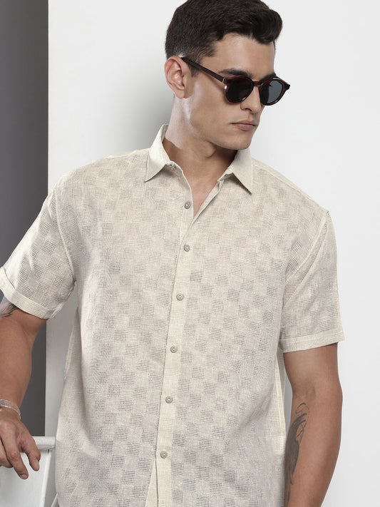 Men's Beige Relaxed Fit Textured Resort Wear Shirt