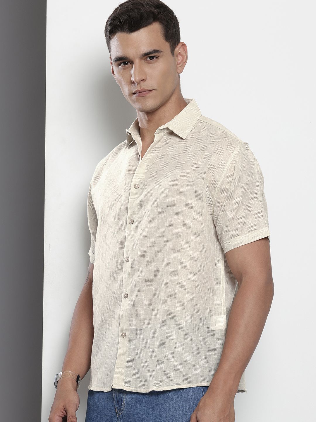 Men's Beige Relaxed Fit Textured Resort Wear Shirt