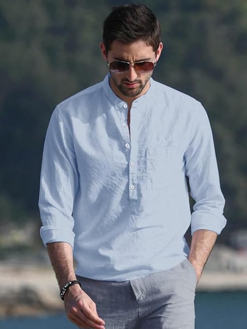 Men’s Sky Blue Mandarin Collar Casual Shirt