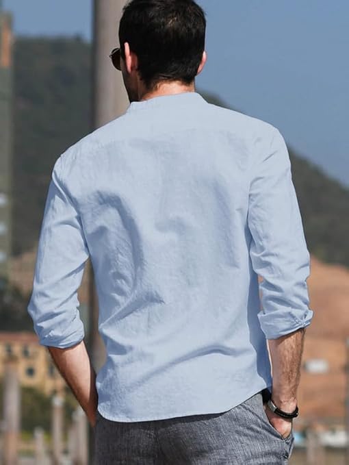 Men’s Sky Blue Mandarin Collar Casual Shirt