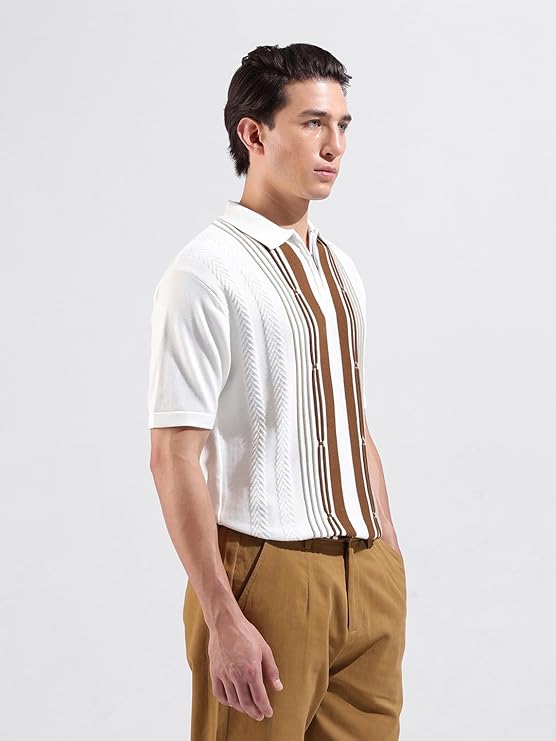 Men Slim Fit Textured Flatknit Half Sleeve Polo T-Shirt