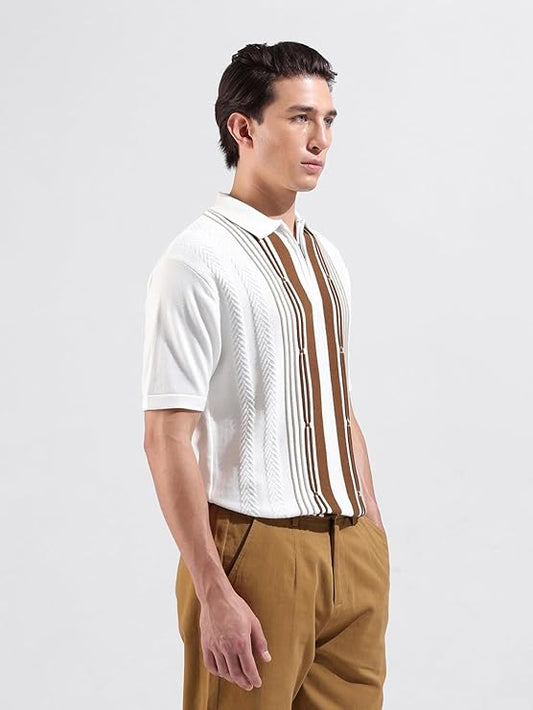 Men Slim Fit Textured Flatknit Half Sleeve Polo T-Shirt