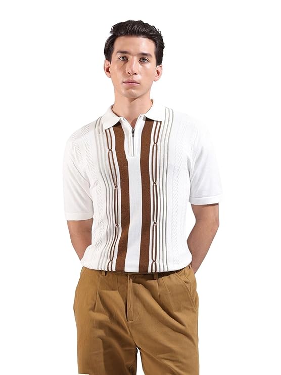 Men Slim Fit Textured Flatknit Half Sleeve Polo T-Shirt