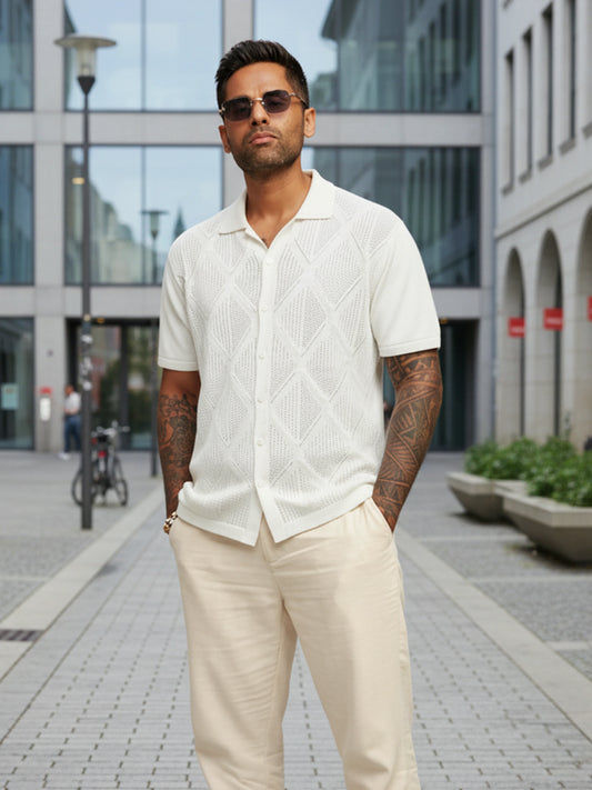 Men's White Slim Fit Textured Flat Knit Shirt