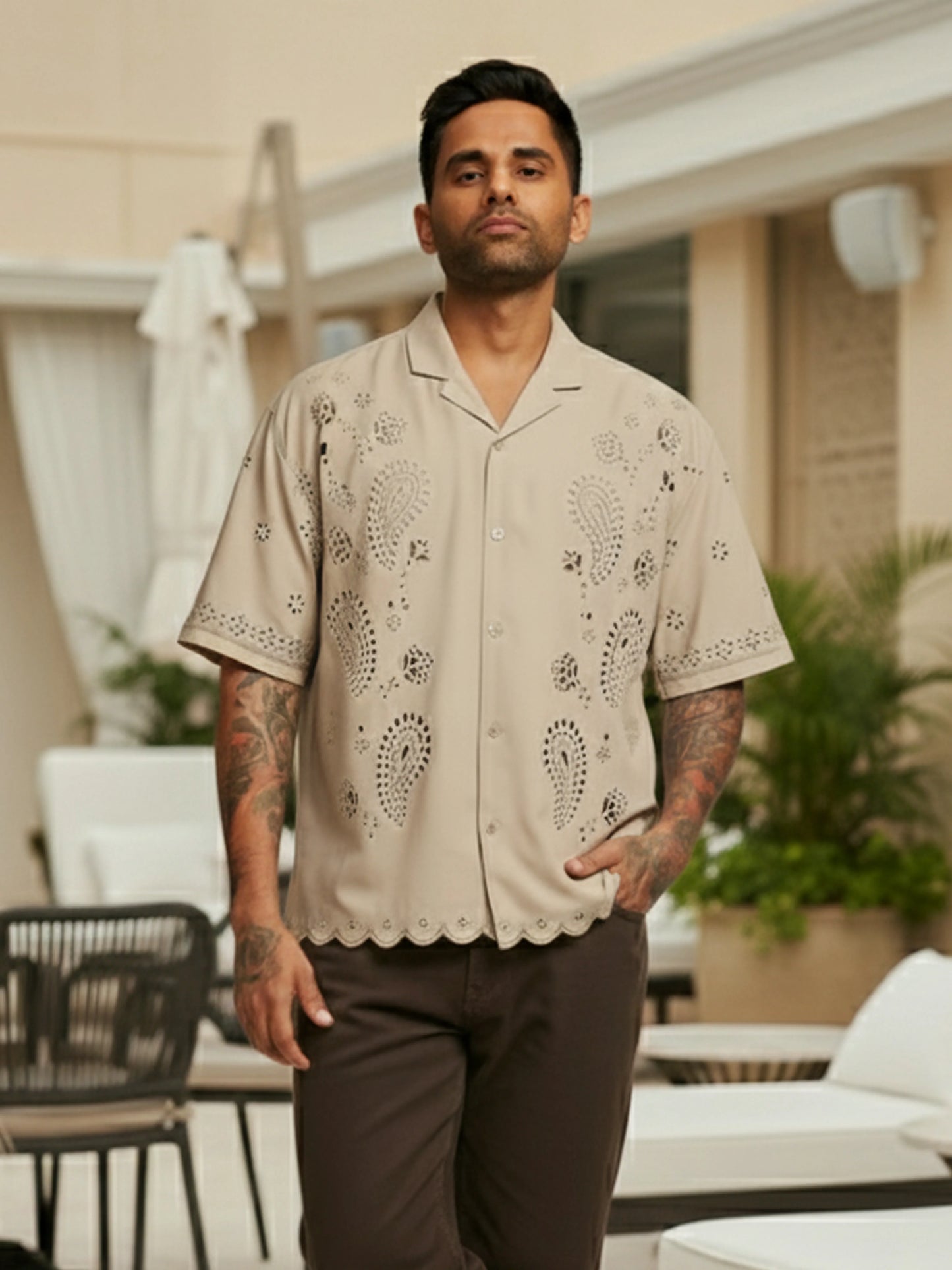 Men's Beige Relaxed Fit Solid  Resort Wear Shirt