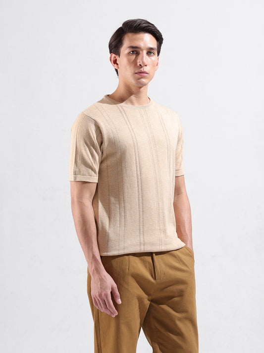 Men's Beige Slim Fit Textured Flat Knit Polo Collar T-Shirt